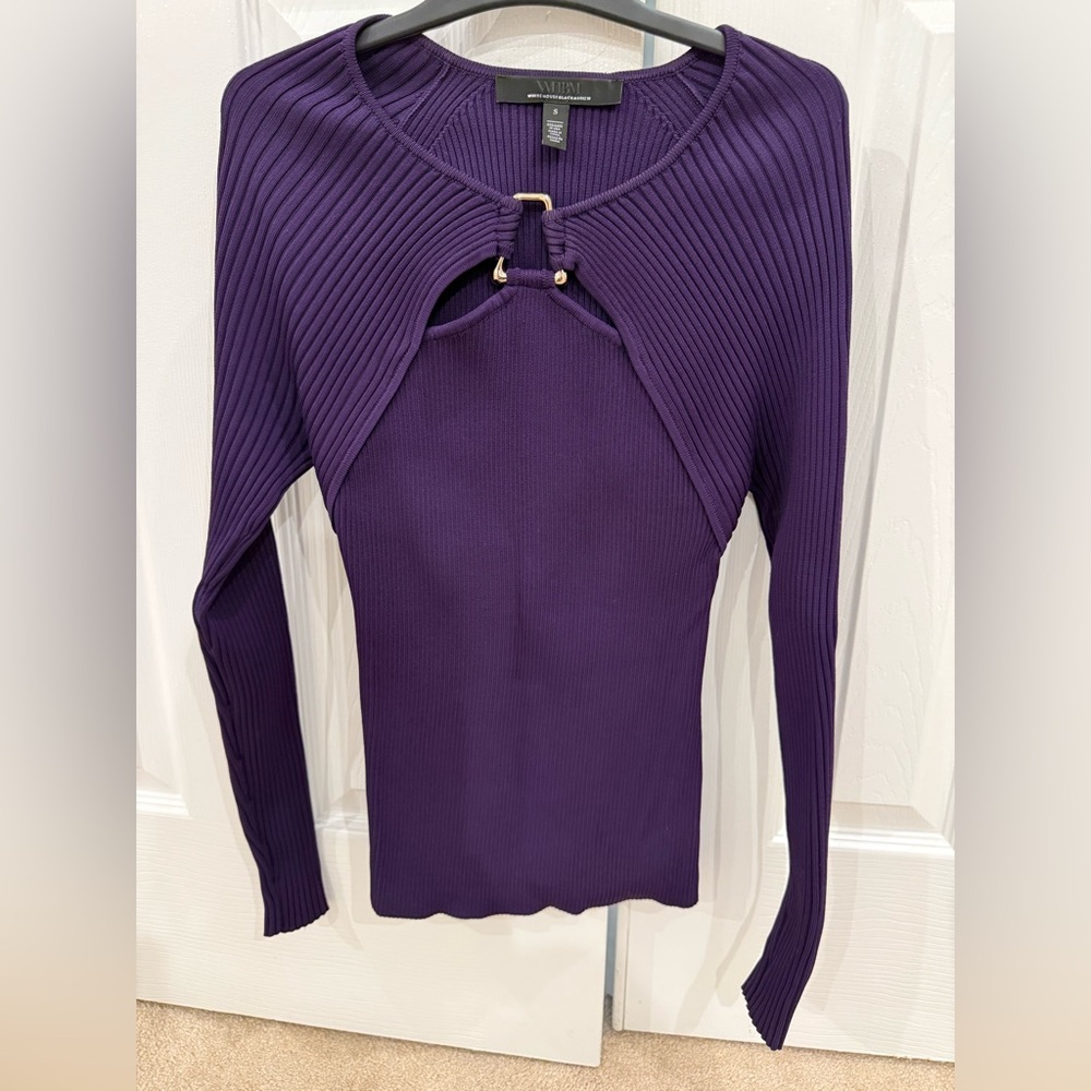 White House Black Market fitted ribbed sweater with gold hardware.  Size small